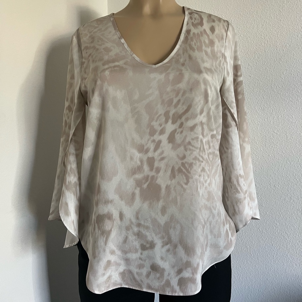 Calvin Klein Animal Print Blouse | Neutral Sheer Bell Sleeve Top | Flowy V-Neck